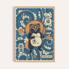 Featuring a smiling tanuki poster with straw hat, spiral waves, and cloud motifs