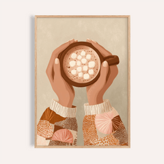 Cute coffee art print of hands holding a hot chocolate with marshmallows and patterned sleeves