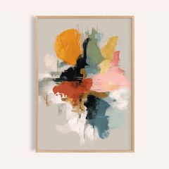Framed colorful abstract art print with bold brushstrokes in orange, pink, and blue