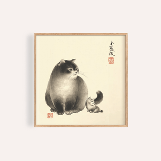 Sumi-e Cat Print in Brown, Gray, and White for bedroom wall art