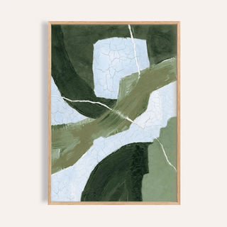 Abstract green wall art with dark and light green shapes and white cracks