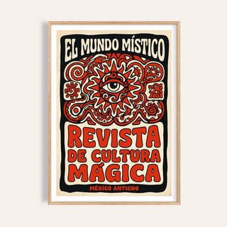 Framed close-up of Antique Mexican Art Print with a mystical eye and folk-art style in red and black