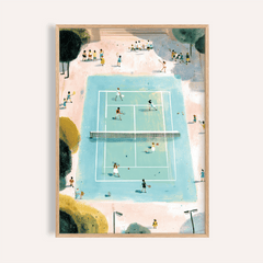 Tennis Game Art Print of minimalist tennis doubles match with blue court and surrounding trees