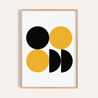 Framed Geometric Posters with black and yellow circular shapes in a simple minimalist style