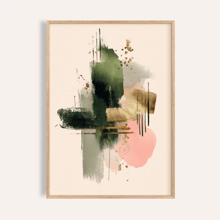 Framed close-up of contemporary art poster with abstract brushstrokes in green, pink and gold