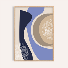 Framed print close-up of abstract organic shapes in blue and beige tones