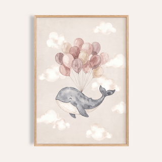 Moon And Sun Print of a whale with pastel balloons in watercolour style