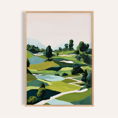 Framed Landscape Golfing Poster of a golf course with green fairways and blue water features