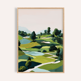 Framed Landscape Golfing Poster of a golf course with green fairways and blue water features