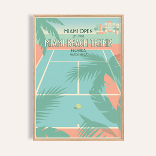 Framed print close-up of Miami Beach Tennis Print a tennis court with pastel blues and coral colours