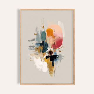 Framed colorful poster print of abstract shapes in muted pink, blue, ochre and white on a grey background