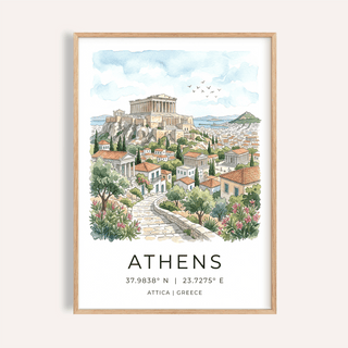 Framed Athens art print showing a watercolour illustration of the Acropolis with greenery and pink flowers