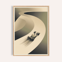 Framed Racing Car Art Print of a minimalist race car on a curved track in beige and grey shades