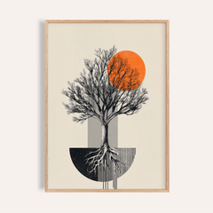 Framed print close-up of abstract tree wall art with orange circle and black roots