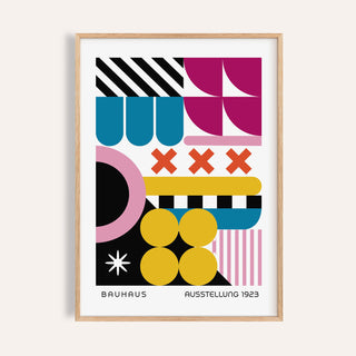 Framed print of colourful geometric shapes in Bauhaus style with pink and yellow accents