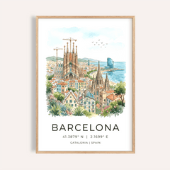 Framed Barcelona watercolor poster of the Sagrada Familia with text and geographic coordinates
