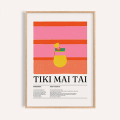 Framed Bar Wall Art showing a minimalist tiki mai tai cocktail illustration with pink and orange stripes
