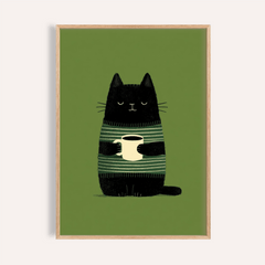 Framed Cat Coffee wall art of a black cat holding a white coffee cup on green background