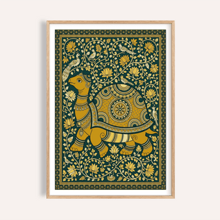 Framed Indian Style Turtle Poster showing a folk-art turtle with intricate gold and dark green botanical patterns