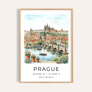 Framed Prague City wall art watercolour illustration of cityscape with river and boats