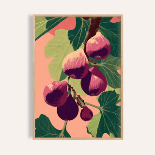 Fig wall art showing a fig branch with pink figs and large green leaves in a wooden frame