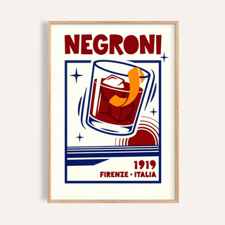 Framed Negroni Cocktail Print showing retro pop-art style cocktail glass with orange peel detail