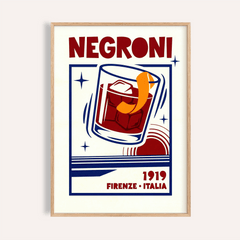 Framed Negroni Cocktail Print showing retro pop-art style cocktail glass with orange peel detail