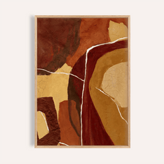 Framed Abstract Earth Tones Print with brown and ochre shapes and white lines