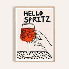 Framed Spritz Print of minimalist illustration with orange cocktail and hand holding the glass