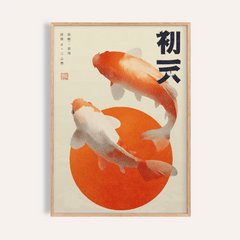Close-up of Koi Fish wall art showing two orange and white koi fish with Japanese-ink style