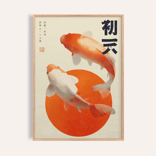 Close-up of Koi Fish wall art showing two orange and white koi fish with Japanese-ink style