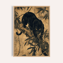 Jungle wall art of a black panther on a tree branch with dark leaves in Japanese ink style