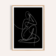 Framed print minimalist human form art print with white line art on black background