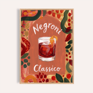 Framed Negroni art print with watercolour style illustration of cocktail in a glass with orange peel