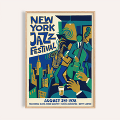Framed jazz music poster with blue and green jazz musicians holding saxophone and double bass and New York skyline