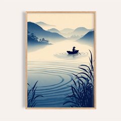 Framed Zen River art print of a fisherman in a boat on blue water with mountains and plants