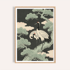 Framed print of Japanese Art Set with two cranes in muted green and black tones