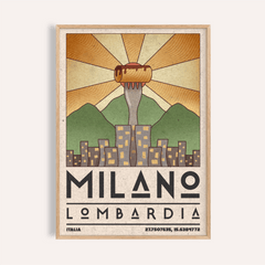 Framed Milano Art Print featuring a vintage illustration of a fork with a cannoli against a stylised Milano skyline