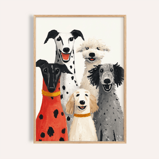 Framed Dog Portrait Art Print of five happy dogs in bright colours and contemporary style
