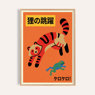 Colourful Cat wall art of a jumping raccoon and a blue frog on an orange background