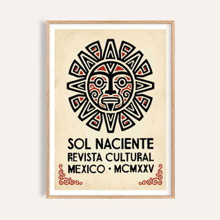 Aztec Sun Illustration Art Print with black and red Aztec sun symbol and text in a wooden frame