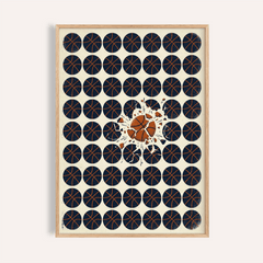 Framed Basketball Burst Art Print showing minimalist pattern of dark basketballs with one bursting orange ball