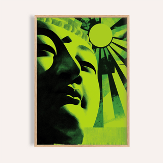 Framed Zen Face wall art showing a green and black pop-art Buddha face with a sun