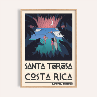 Framed Costa Rica surf art with surfers at beach in dark blues and pinks