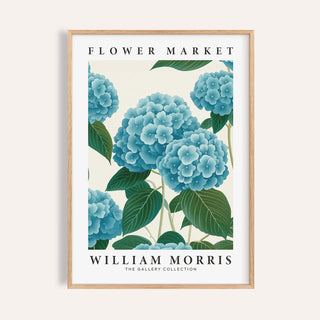 Framed close-up of flower market prints with blue hydrangea flowers and green leaves