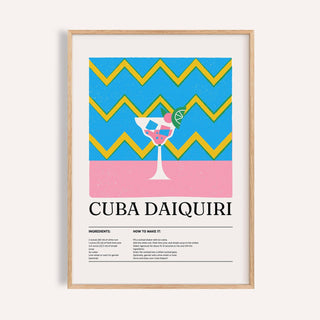 Framed Alcohol Artwork of a daiquiri cocktail with blue yellow zigzags and pink block background