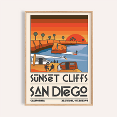 Vintage San Diego wall art of orange and blue sunset cliffs with surfers and palm trees