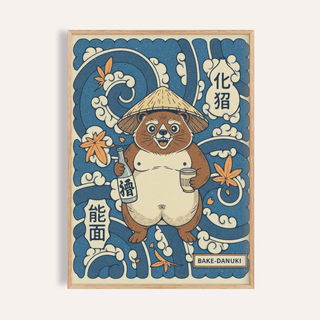 Framed Japanese Tanuki wall art of a cheerful tanuki in a straw hat with blue and cream waves background
