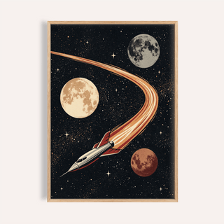 Framed close-up of space themed wall art featuring a retro rocket and three planets with a black starry background