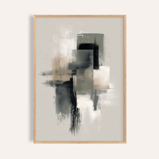 Framed print close-up of Neutral Wabi Sabi Wall Art abstract blocks in grey, beige and black